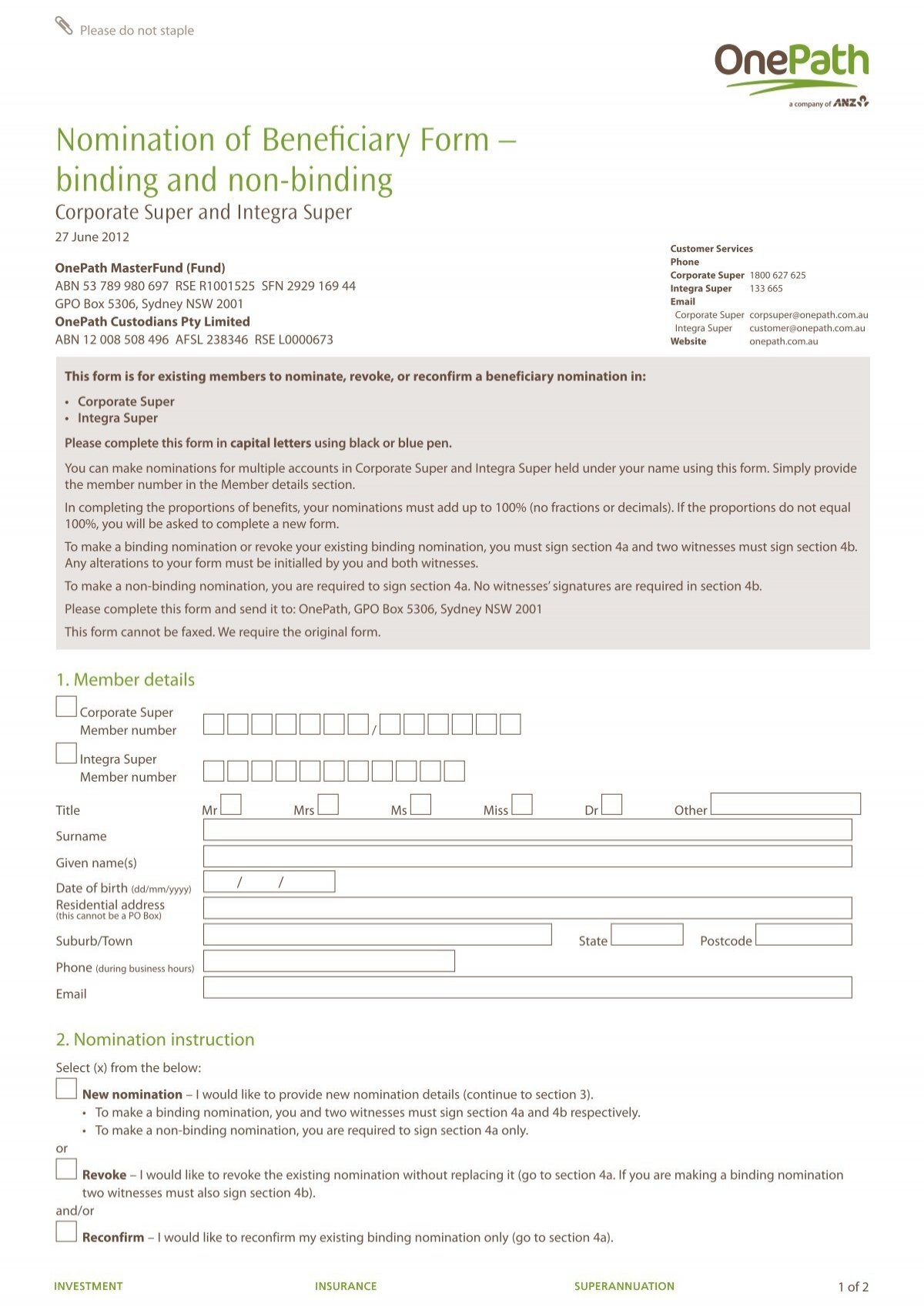 Nomination Of Beneficiary Form Binding And Non binding OnePath