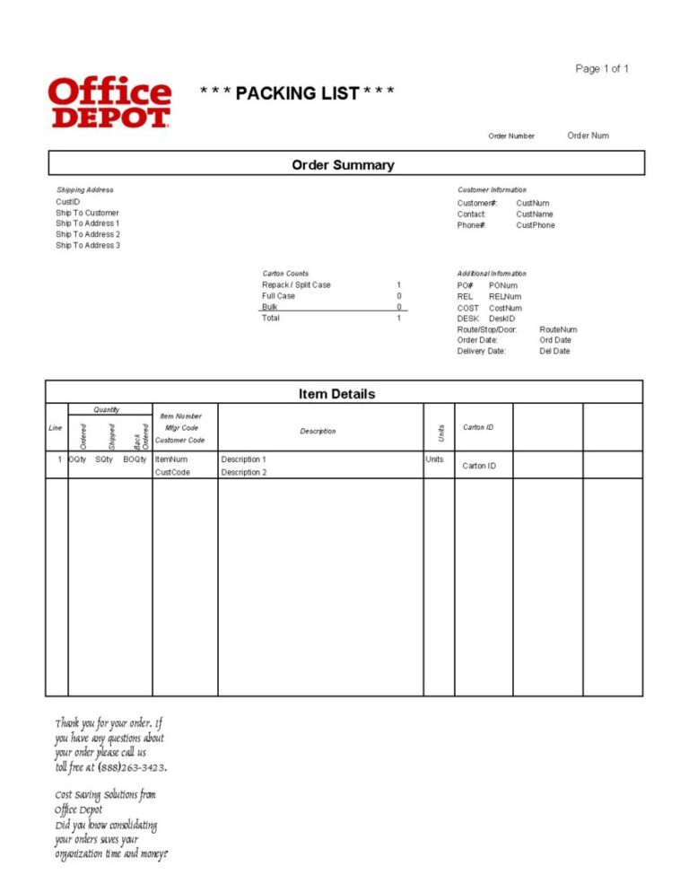 Office Depot Packing Slip Template CYBRA