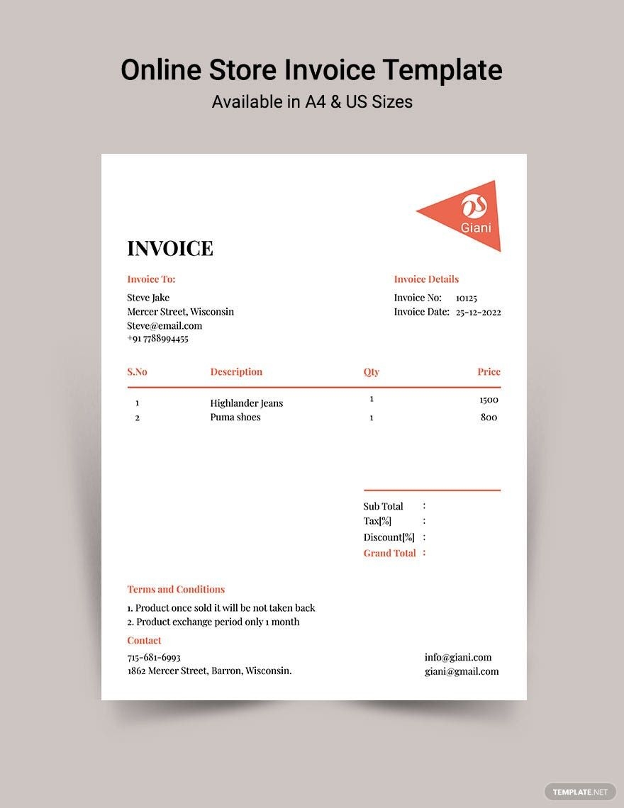 Optical Store Invoice Template In Google Docs Illustrator PSD 
