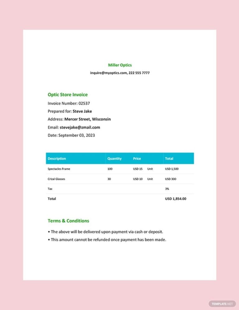 Optical Store Invoice Template In Google Docs Illustrator PSD Word Google Sheets Pages Download Template