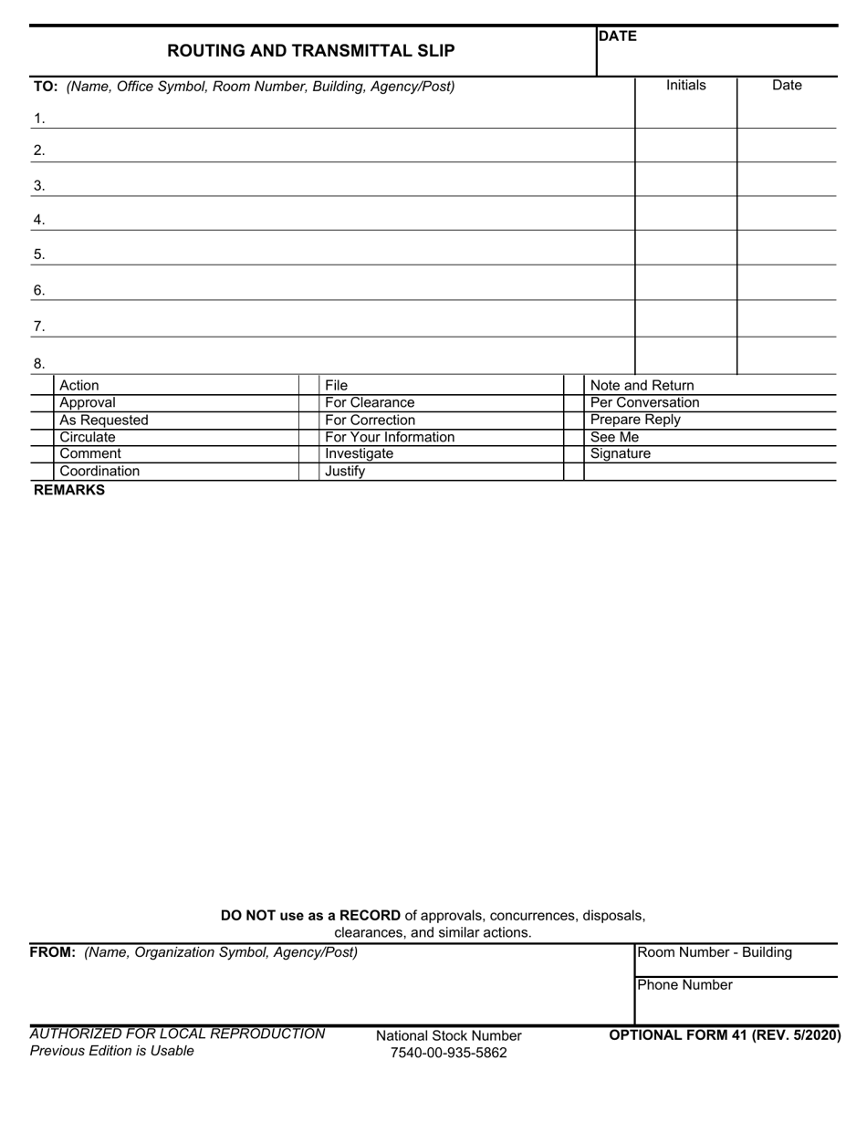 Optional Form 41 Download Fillable PDF Or Fill Online Routing And 