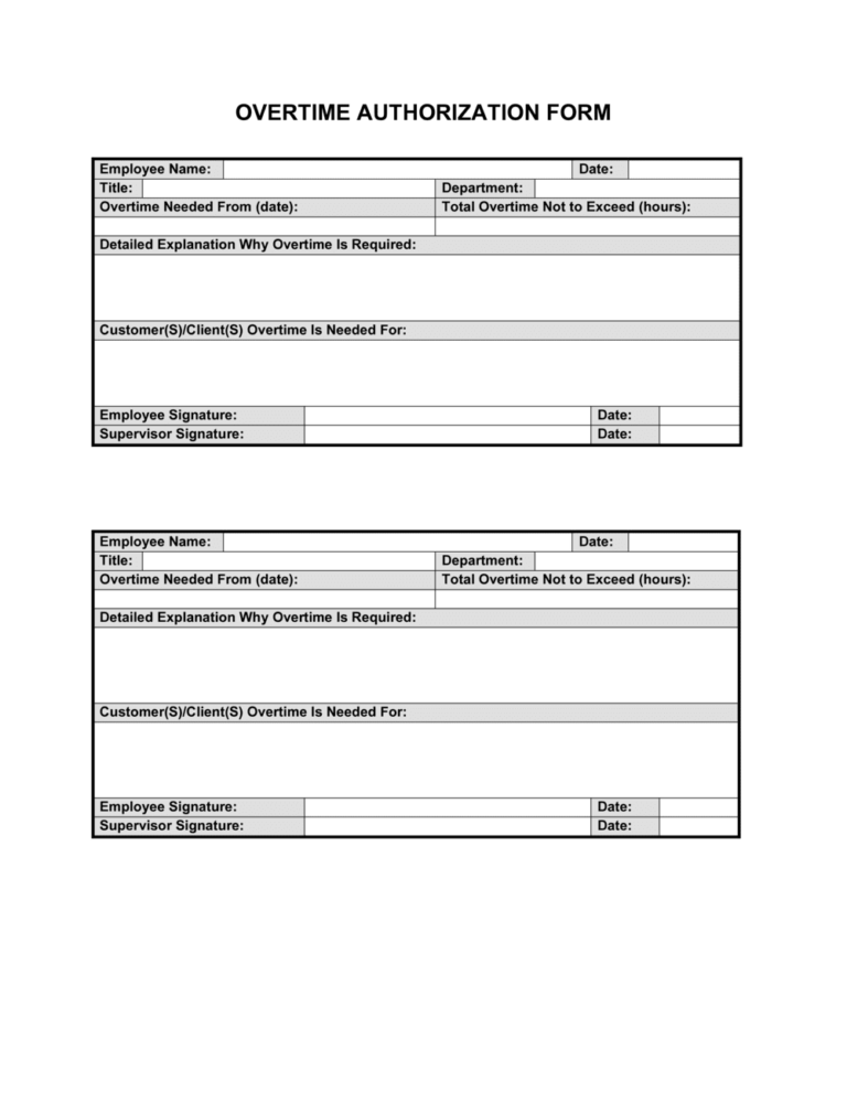 Overtime Authorization Form Template