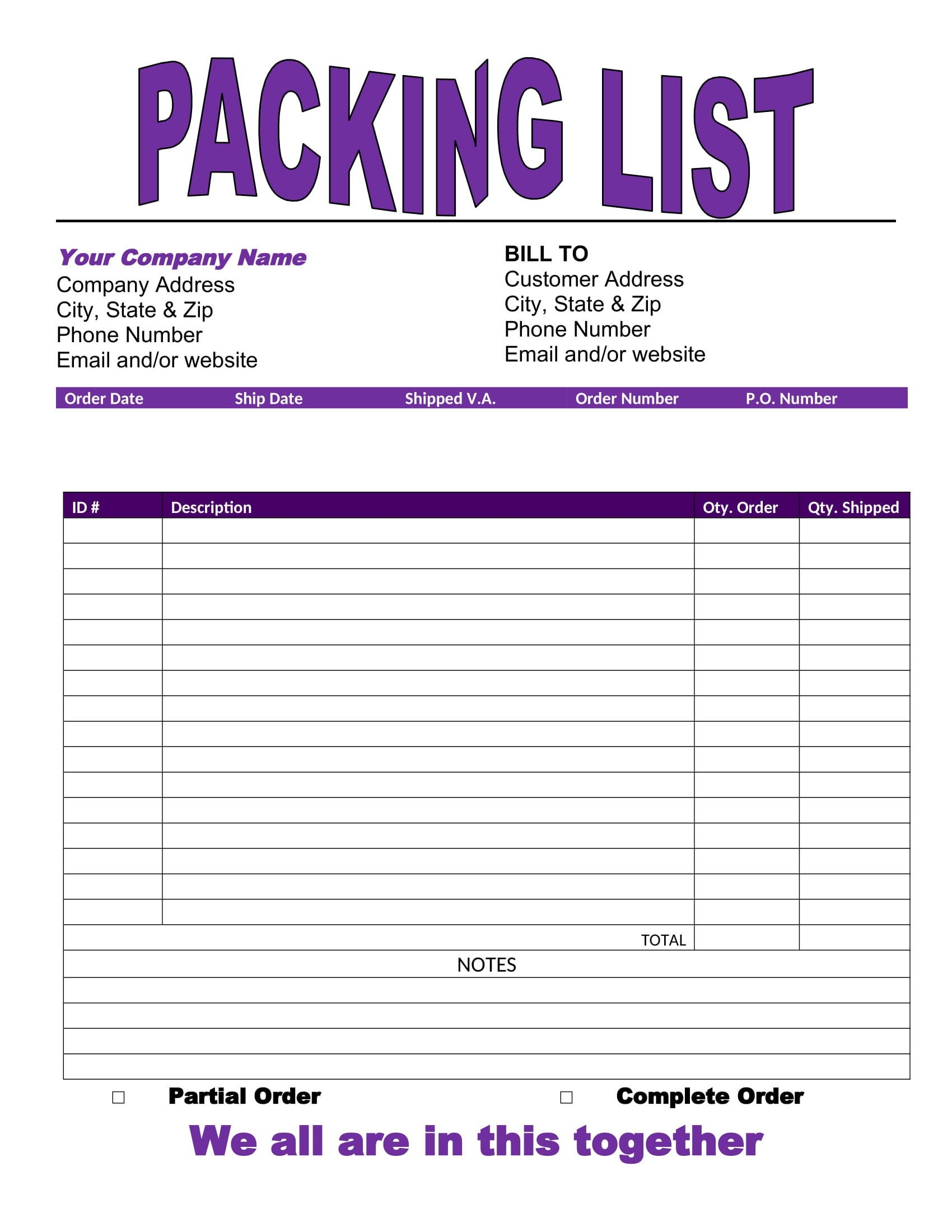 Packing List Template Purple Printable Packing List Order Form Word Packing List Template Word Template Printable Etsy