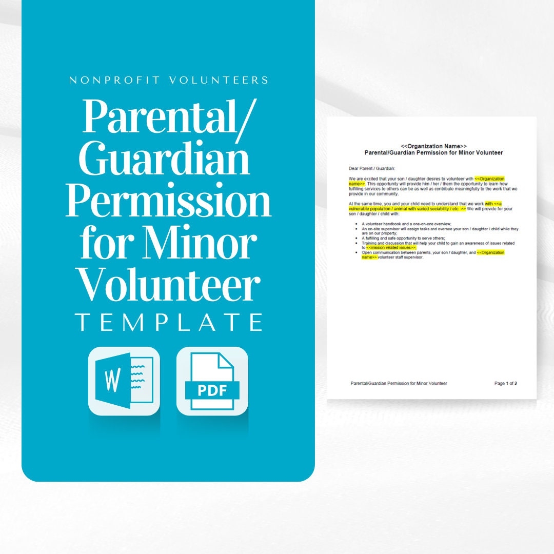 Parental guardian Permission Slip For Minor Volunteer Get Permission For Minors U003c18 Years Old To Volunteer With Your Organization Etsy