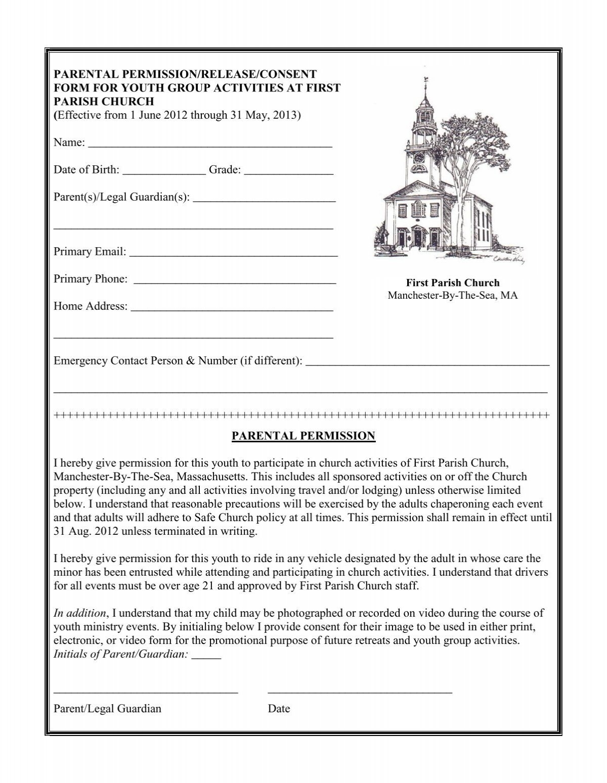 Parental Permission Form First Parish Church