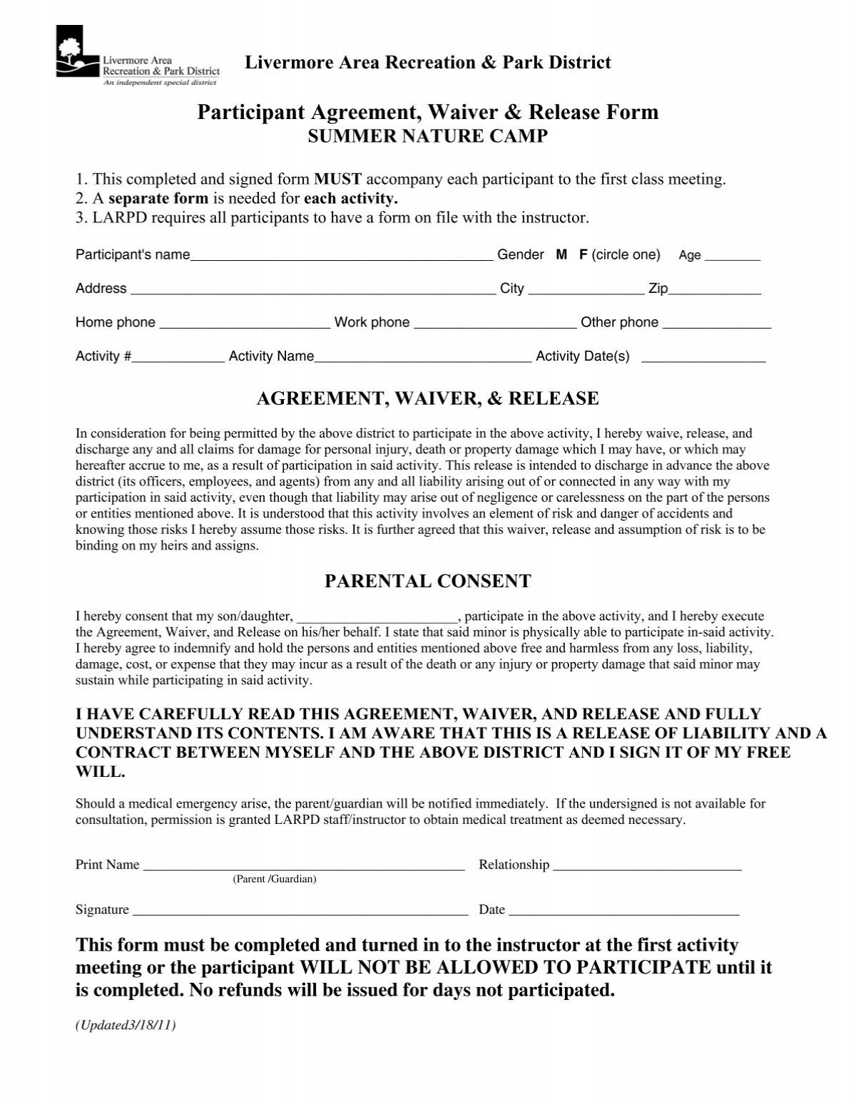 Participant Agreement Waiver U0026 Release Form Livermore Area 