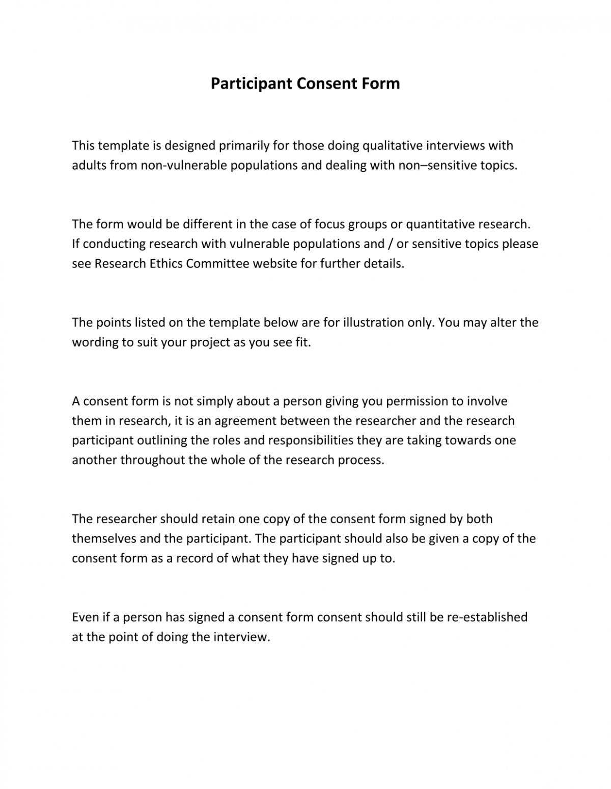 Participant Agreement Slip Template