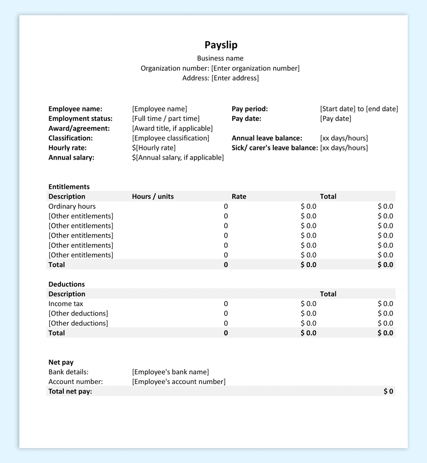 Payslip Template Free Download Australia