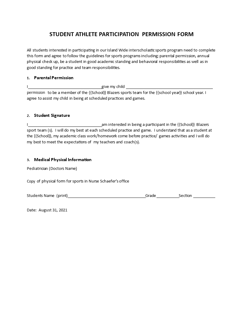 Permission Slip For Sports Templates At Allbusinesstemplates