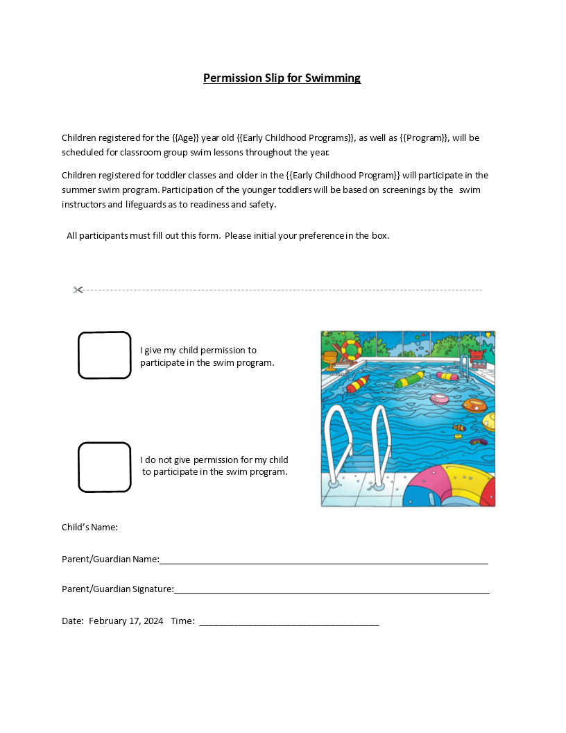 Permission Slip For Swimming Templates At Allbusinesstemplates