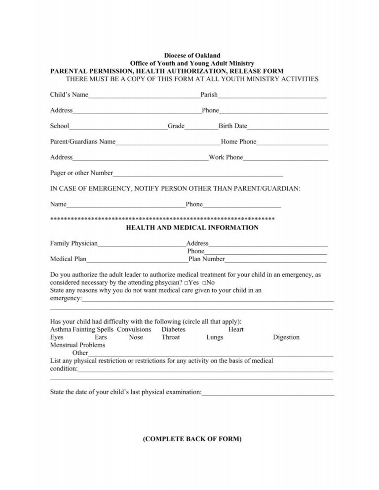 Permission Slip Form All Saints Church