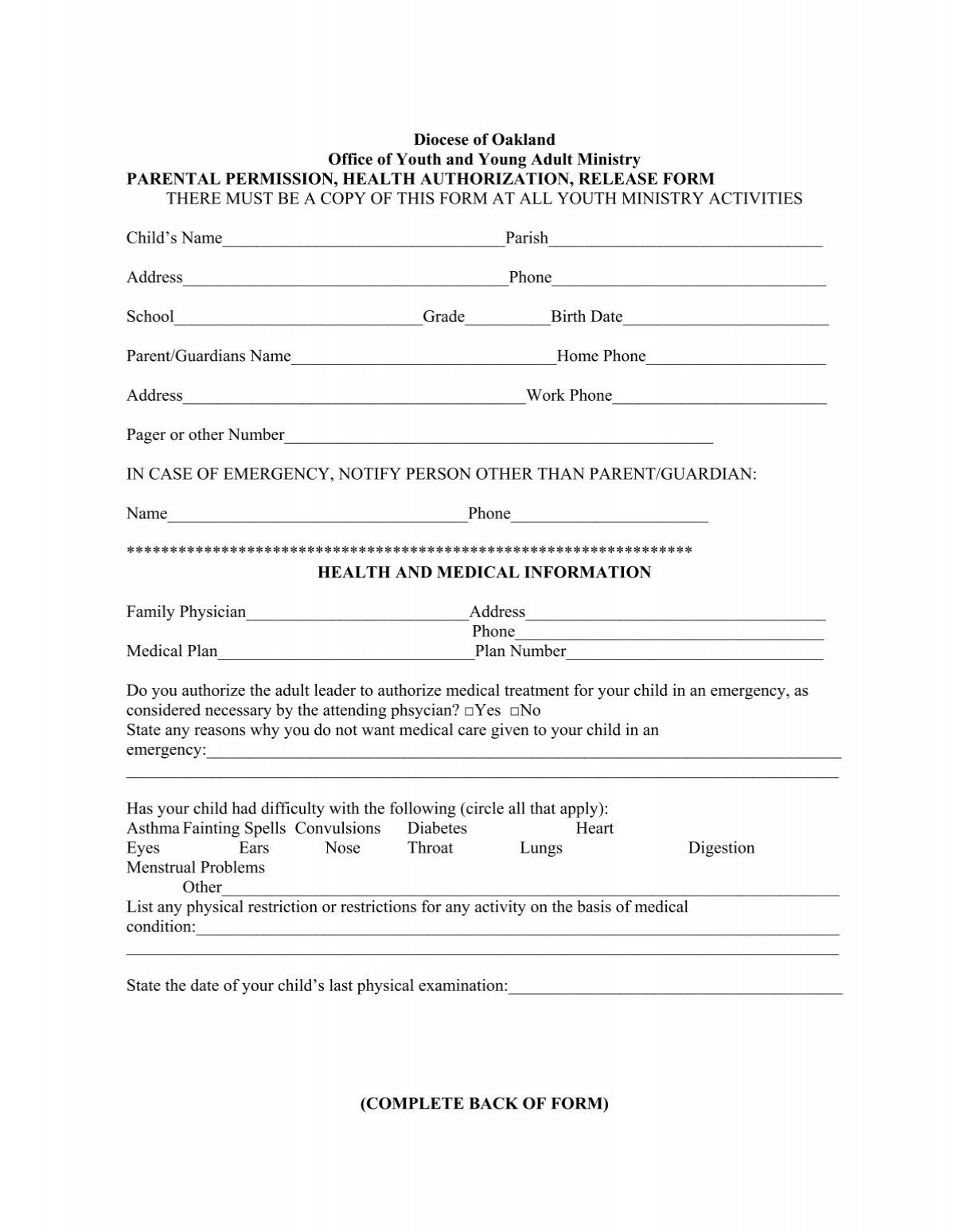 Permission Slip Form All Saints Church