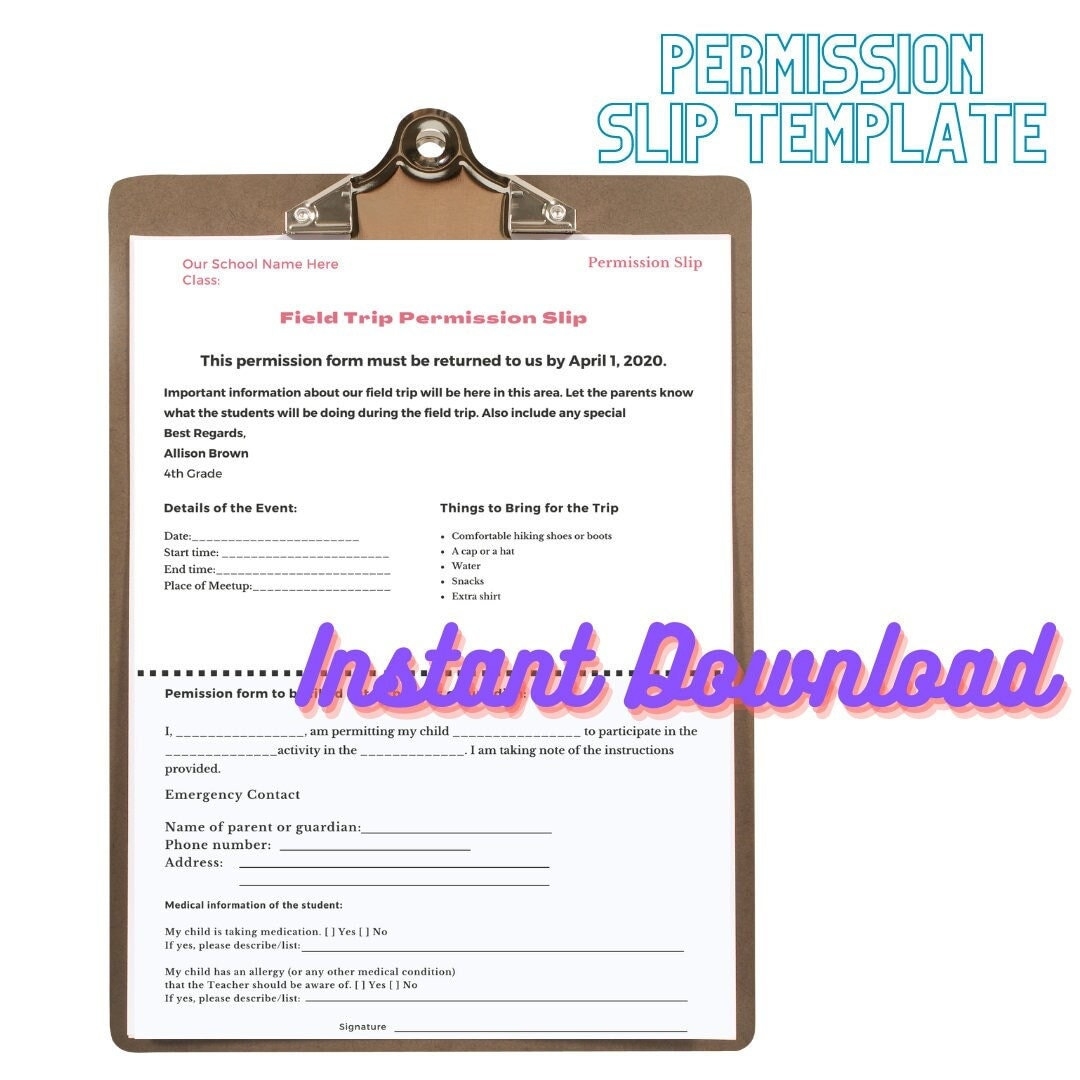 Permission Slip Form Template Instant Download Editable Etsy 