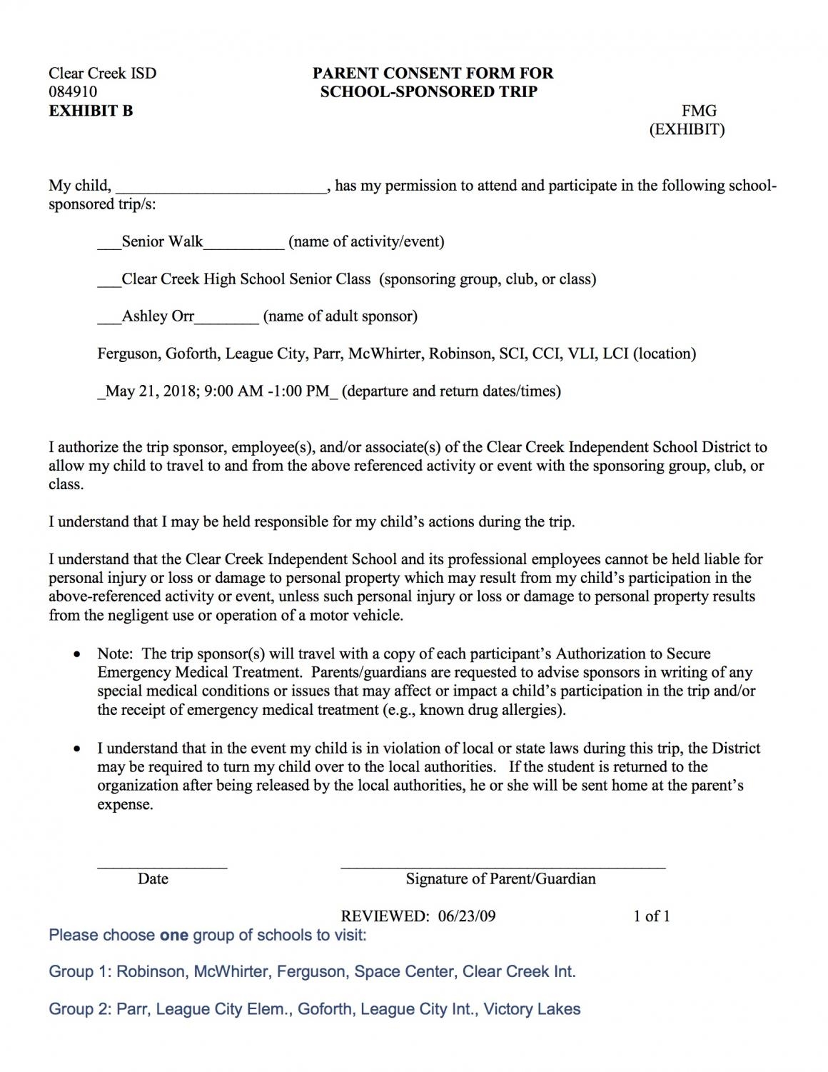 Permission Slips In English And Spanish For Senior Walk Creek HiLife