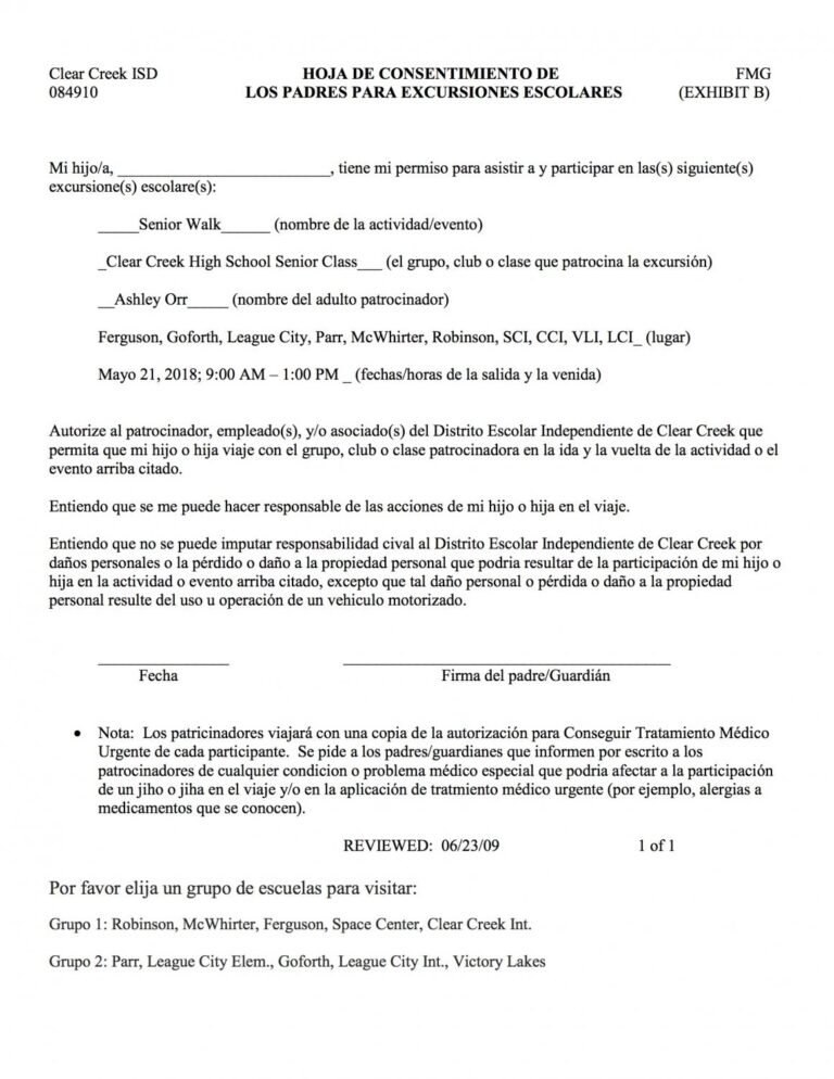 Permission Slips In English And Spanish For Senior Walk Creek HiLife