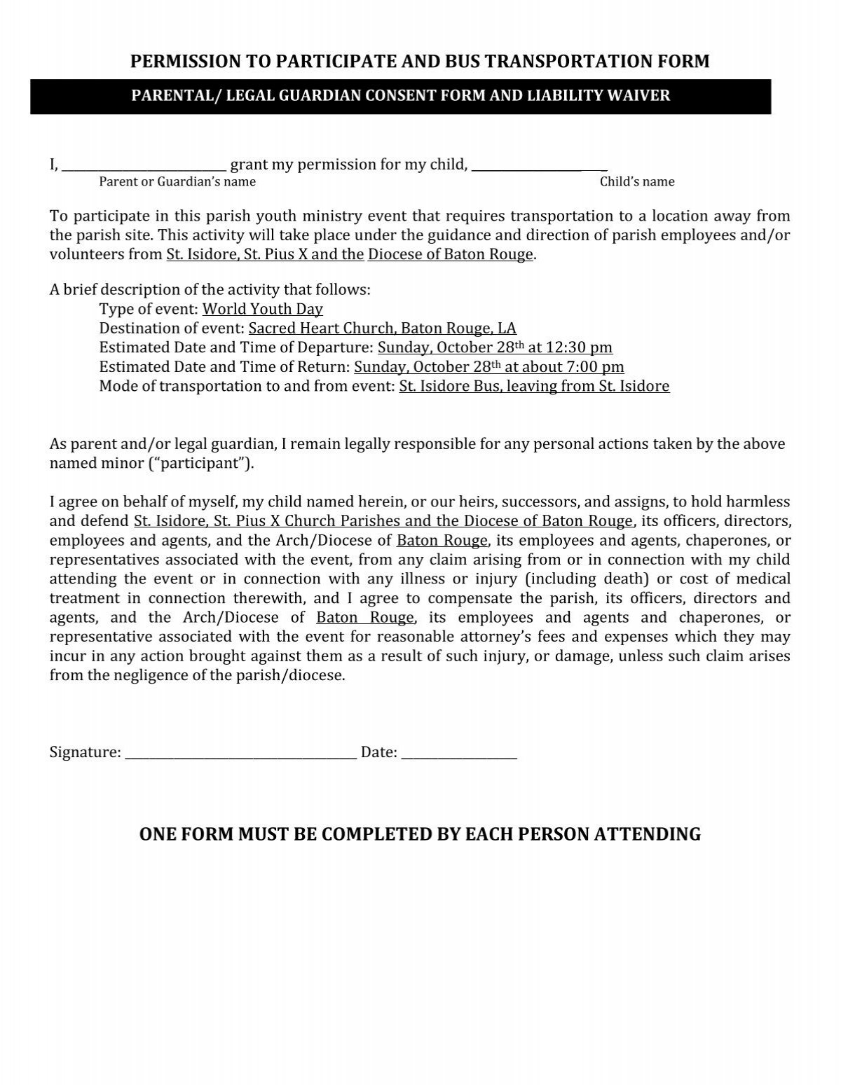 Permission To Participate And Bus Transportation Form One Form 