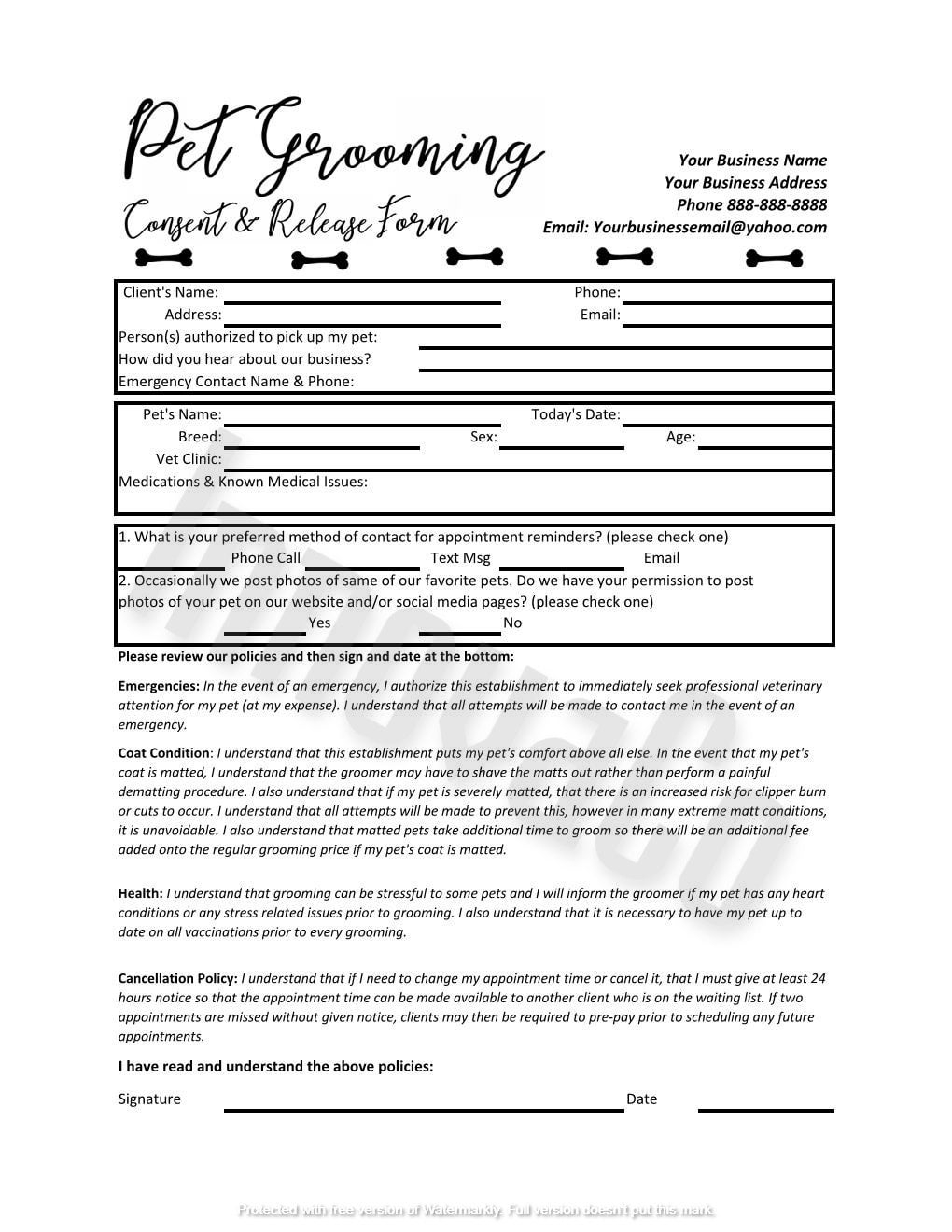 Pet Grooming Consent And Release Form Pet Grooming Dog Grooming 