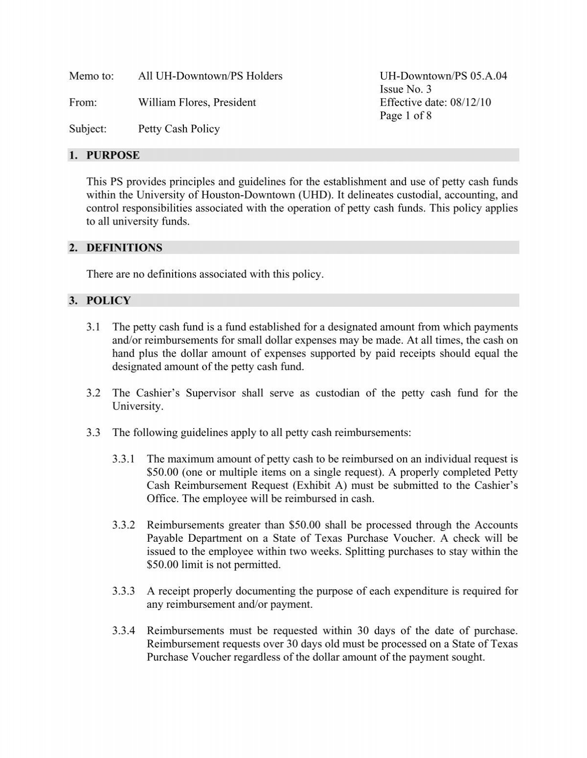 Petty Cash Reimbursement Request Form PS05A04 