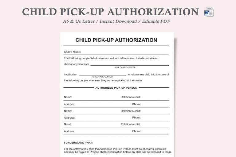 Pickup Release Form pick Up Release Form child Pick Up Form childcare Pick Up Authorization Form Etsy