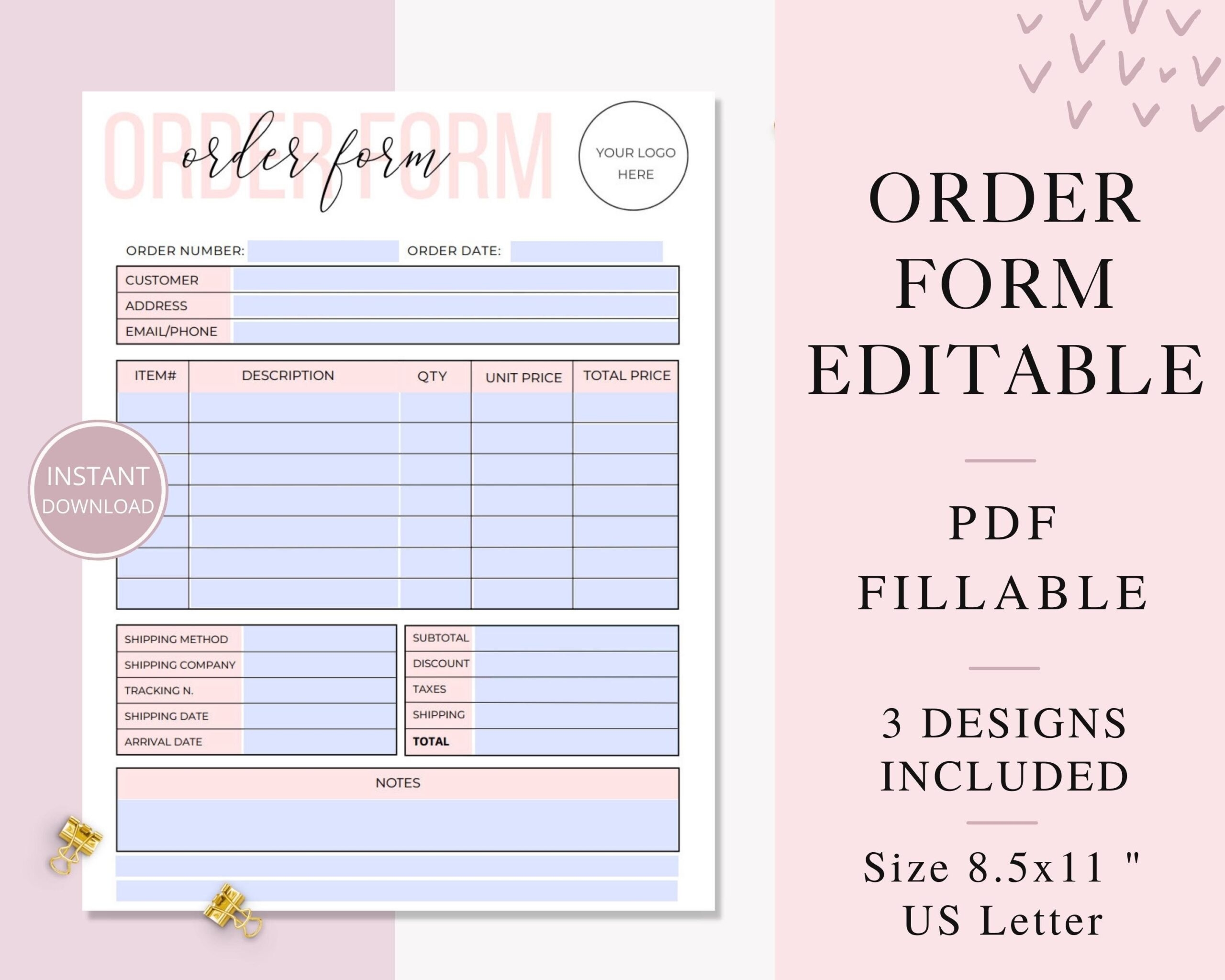 Pink Order Form Fillable Editable Order Forms PDF Order Form For Small Business Craft Order Form Custom Order Form Template Etsy