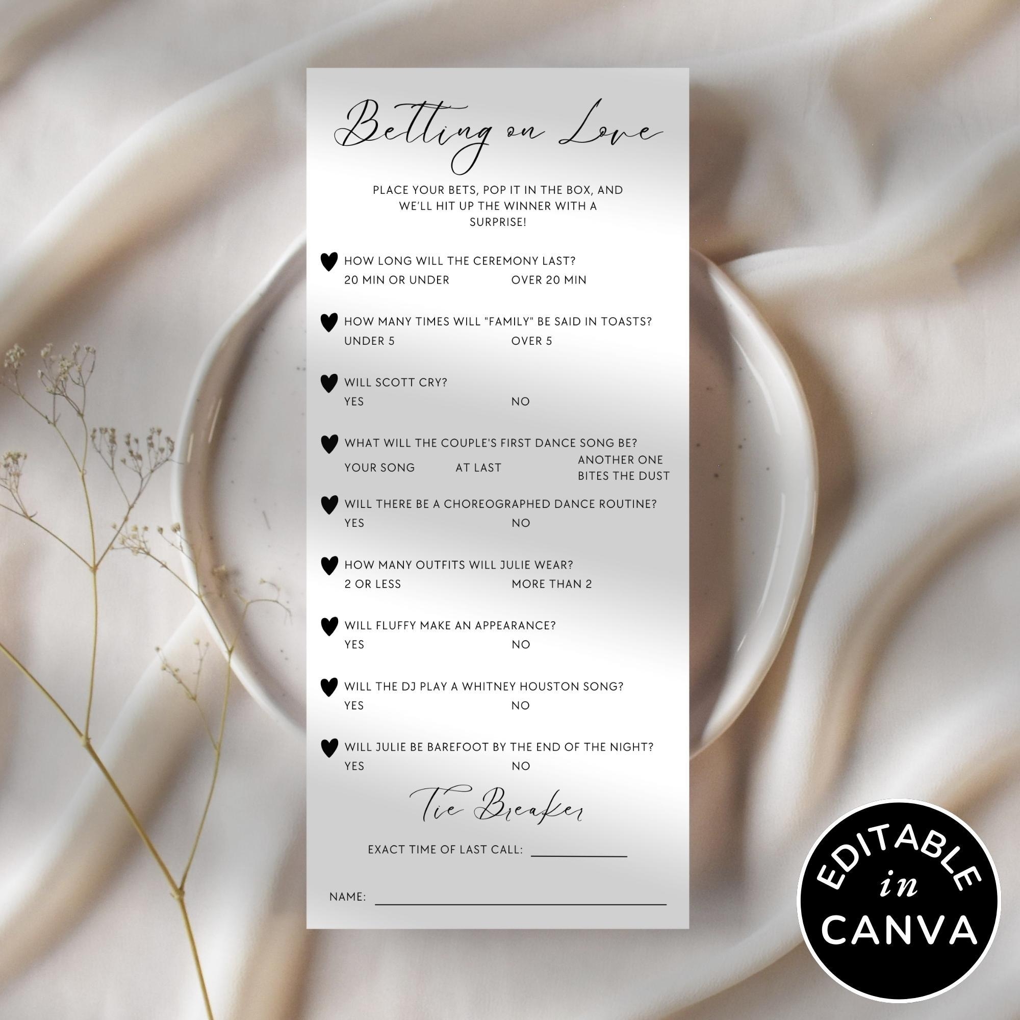 Place Your Bet Wedding Prop Bet Template Reception Game For Guests Printable Wedding Bet Card Cocktail Hour Game For Table Activity Adult Etsy