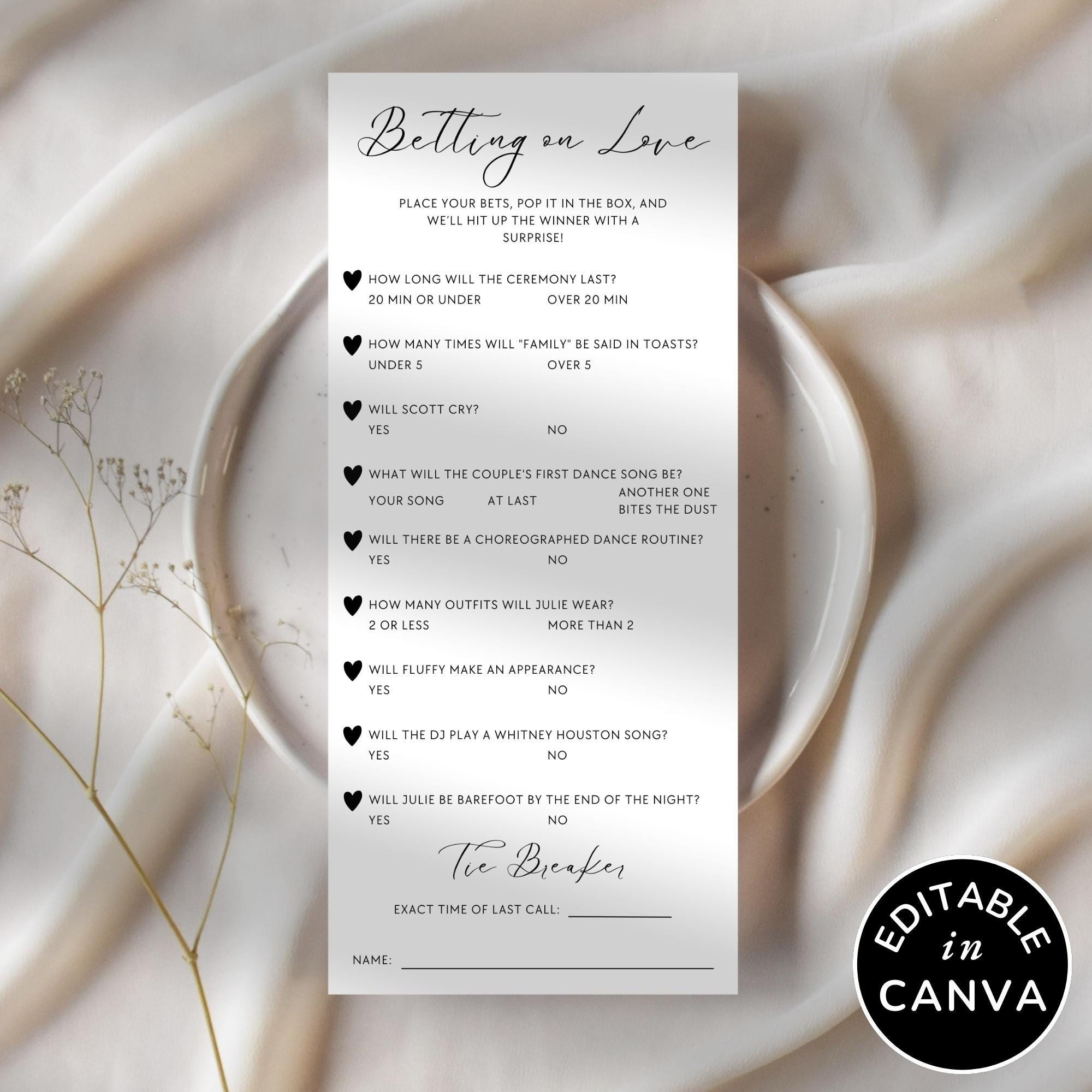 Place Your Bet Wedding Prop Bet Template Reception Game For 