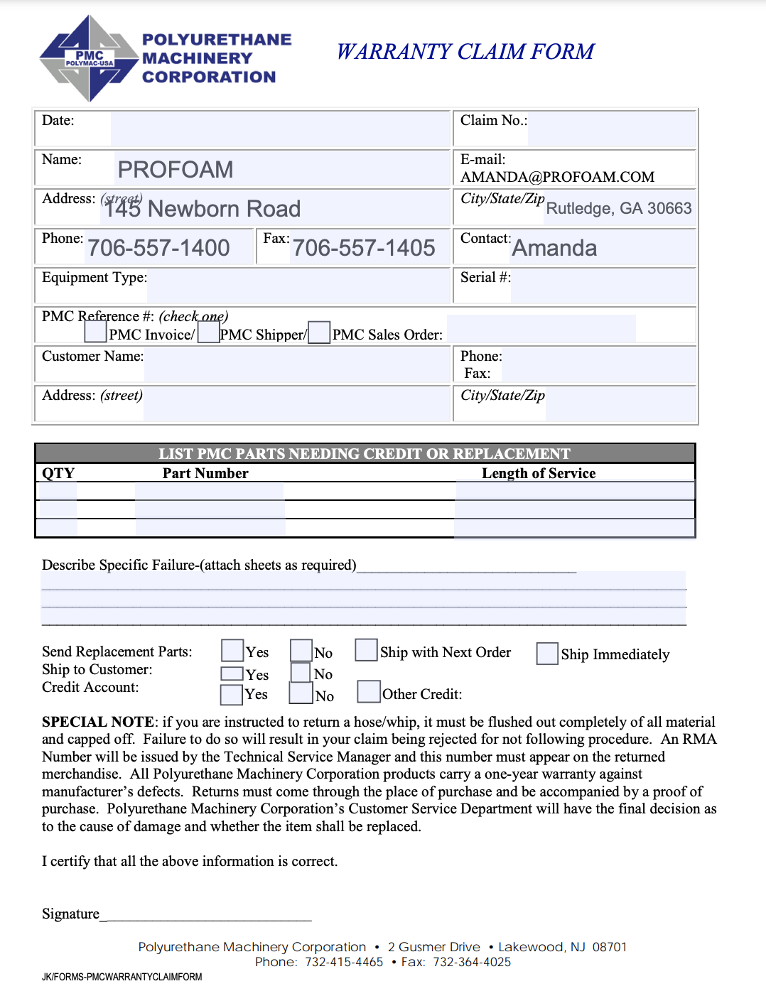 PMC WARRANTY CLAIM FORM FILLABLE Profoam