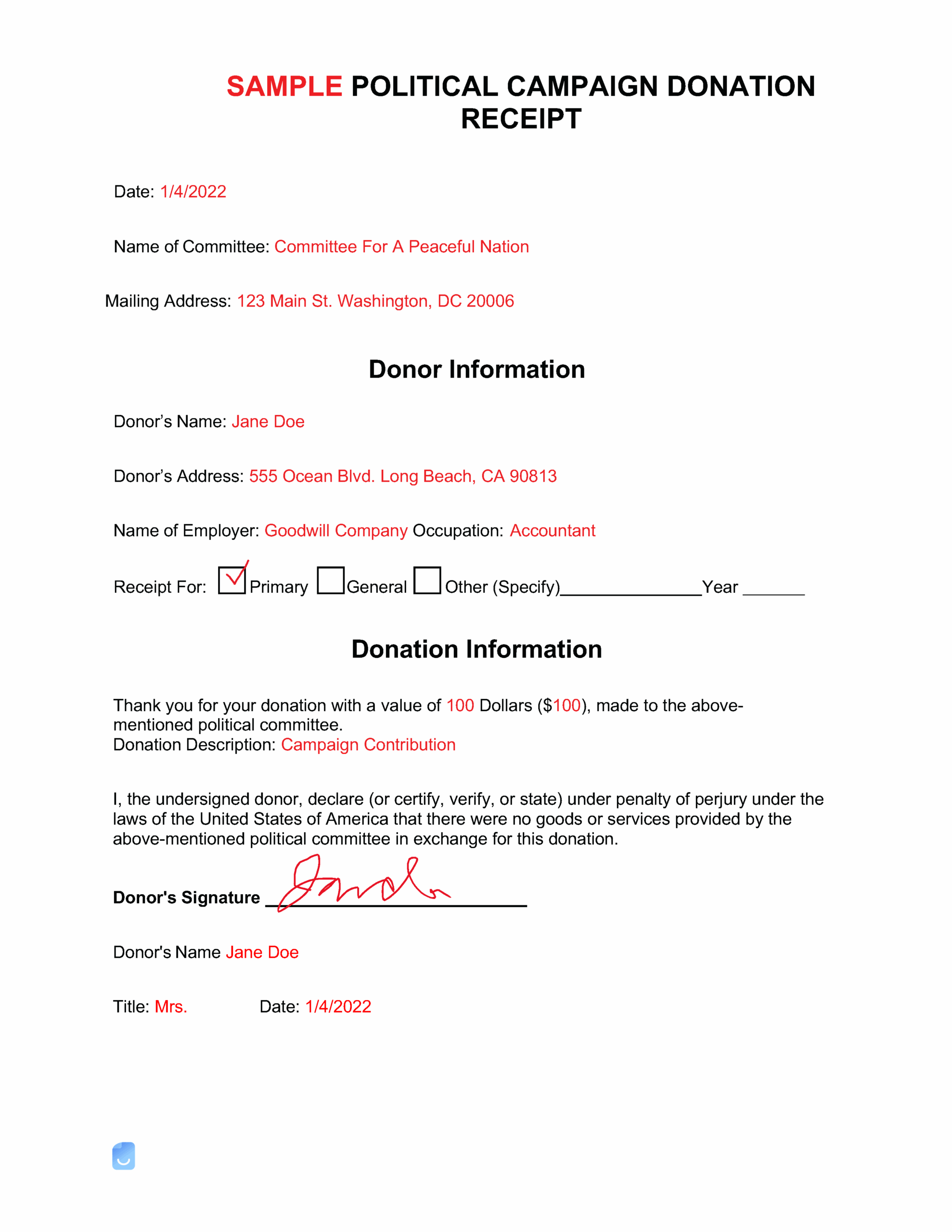 Political Donation Receipt Template Invoice Maker