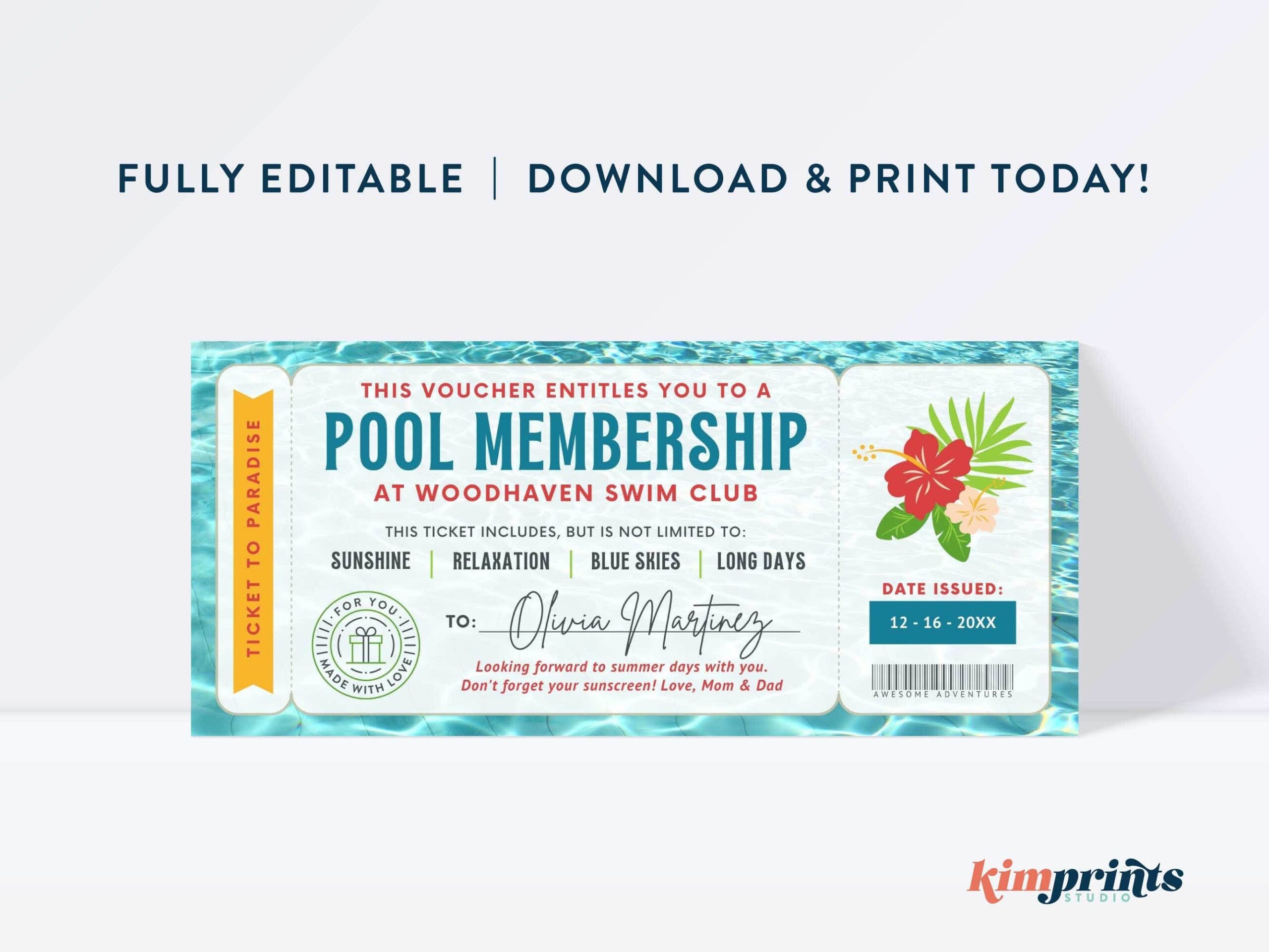 Pool Membership Template Swim Club Season Pass Printable 