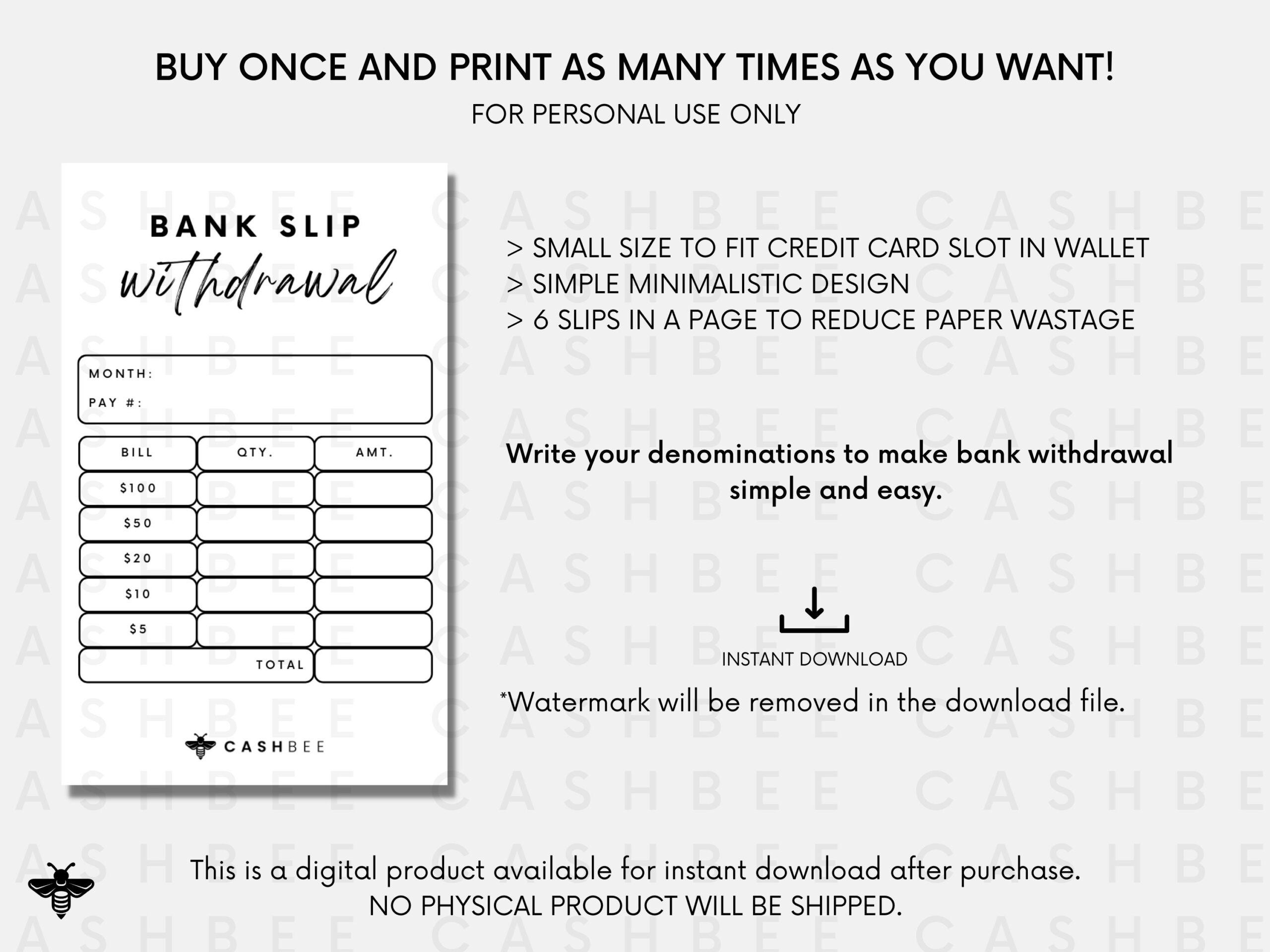 PRINTABLE Bank Withdrawal Slips Wallet Size Instant Download 