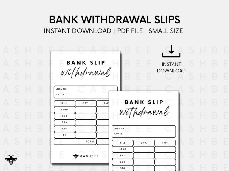 PRINTABLE Bank Withdrawal Slips Wallet Size Instant Download 
