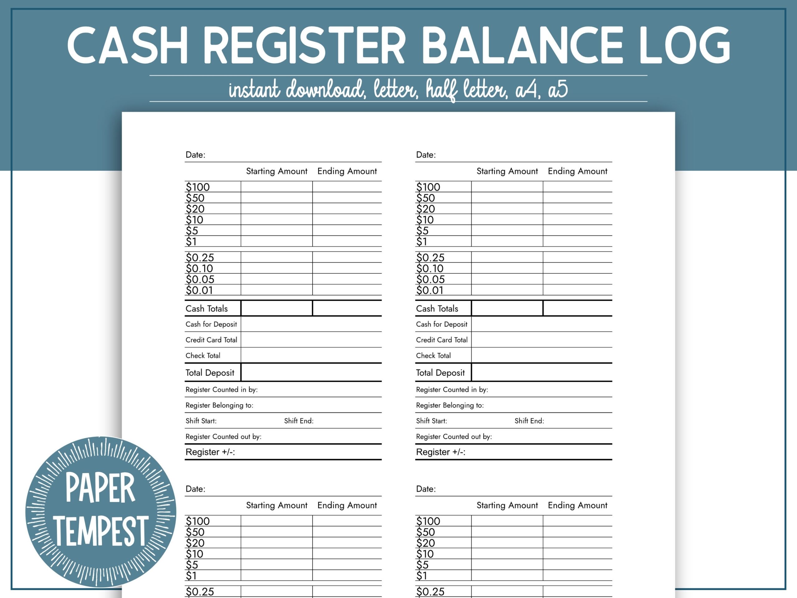 Cash Drawer Slip Template