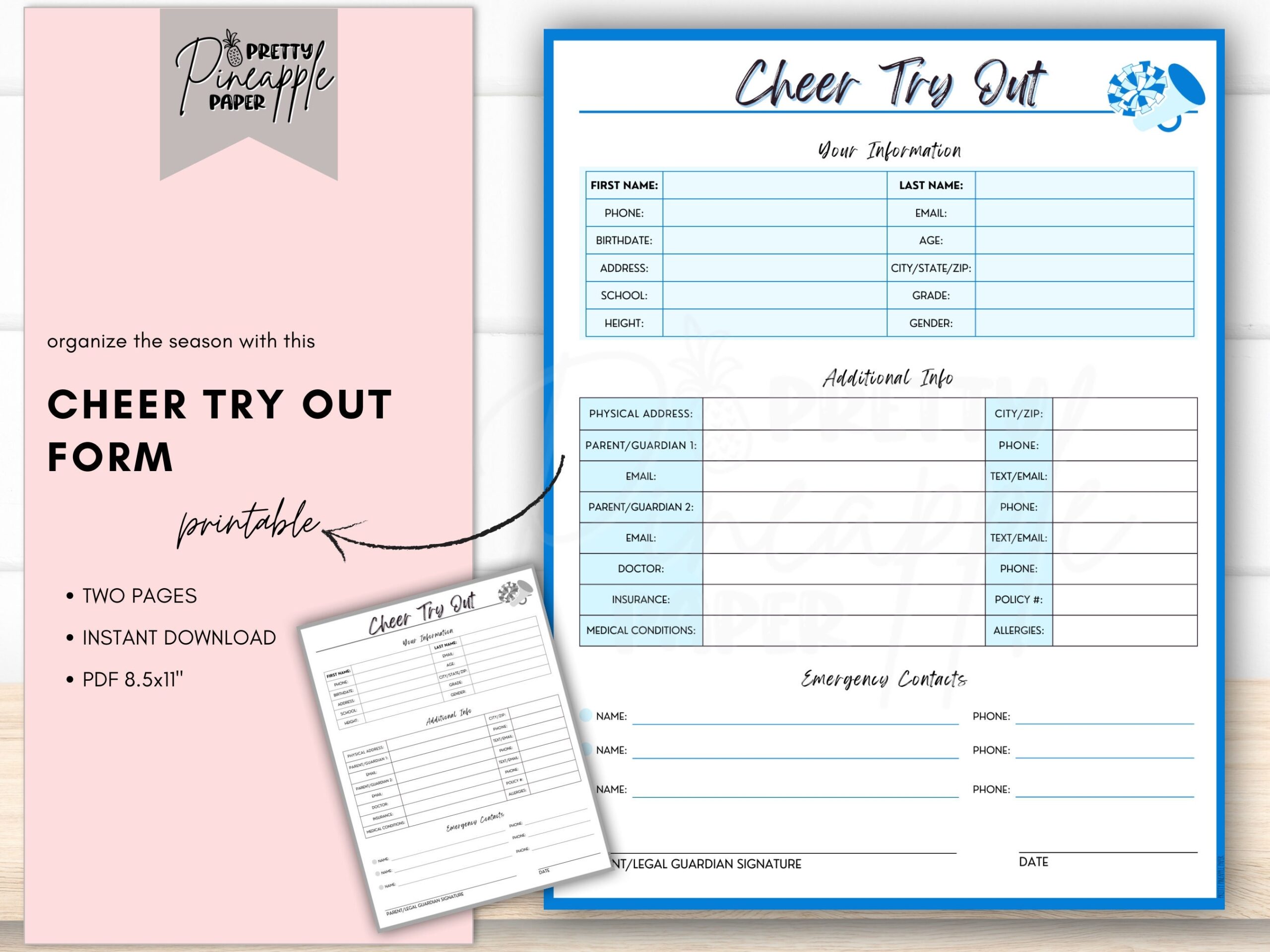 Printable Cheer Try Out Form Instant Download Template 