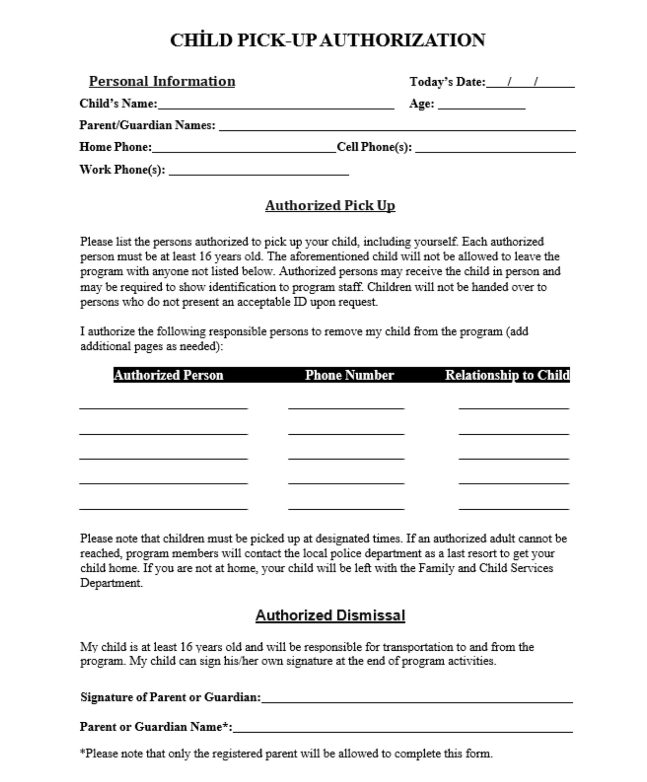 Printable Child Pickup Form Authorized Pickup Template Edit In 