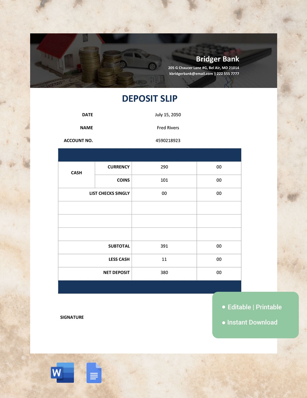 Printable Deposit Slip Template In Word Google Docs Download Template 