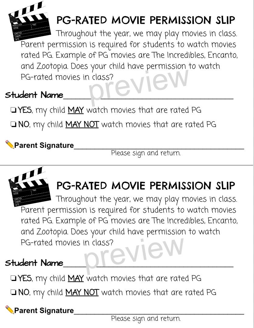 Printable Movie Permission Slip Editable Google Slide Digital 
