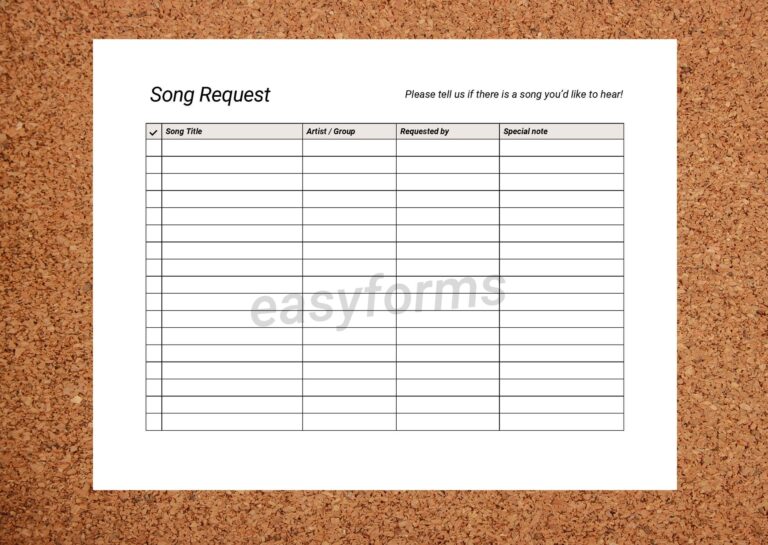Printable Song Request Sheet DJ Music Request Form Party Song Request List Wedding Music List