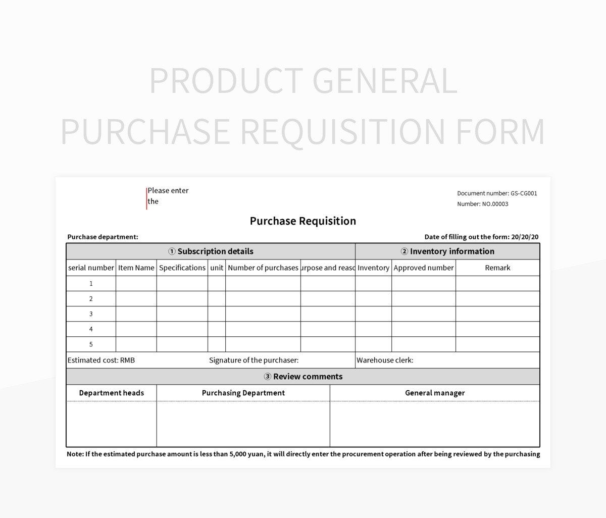 Product General Purchase Requisition Form Excel Template And Google Sheets File For Free Download Slidesdocs