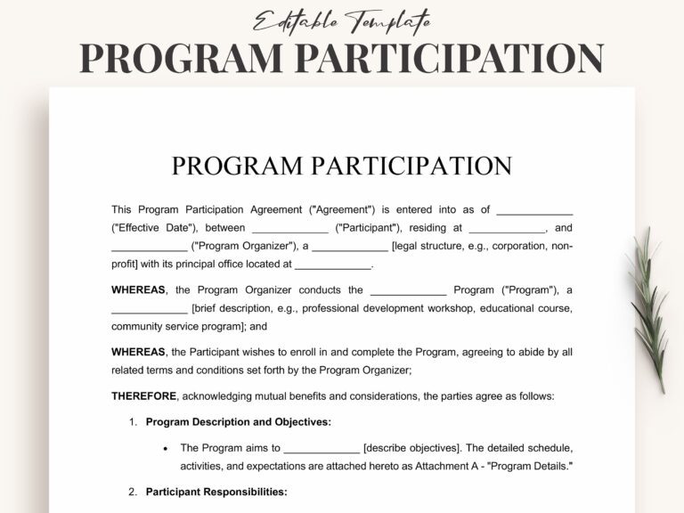 Program Participation Agreement Template Instant Download Editable Word U0026 PDF Course Enrollment Workshop Contracts Etsy
