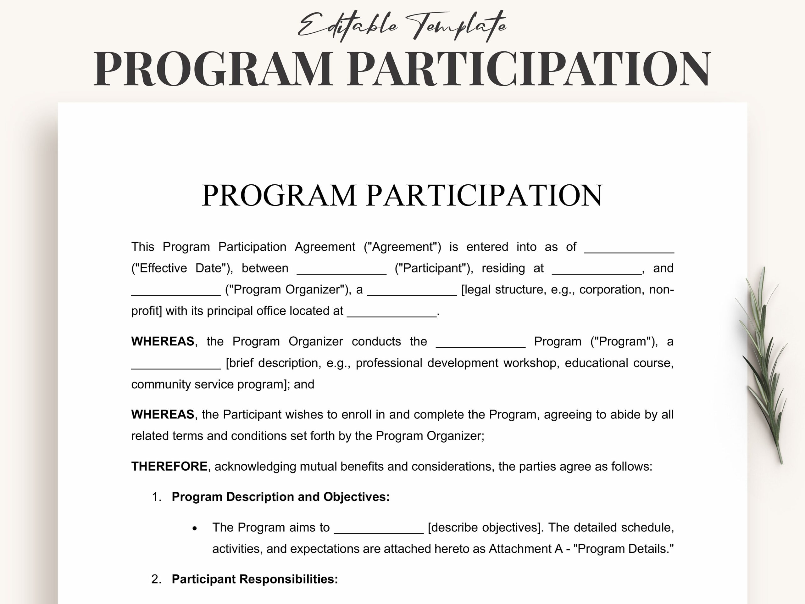 Program Participation Agreement Template Instant Download Editable Word U0026 PDF Course Enrollment Workshop Contracts Etsy
