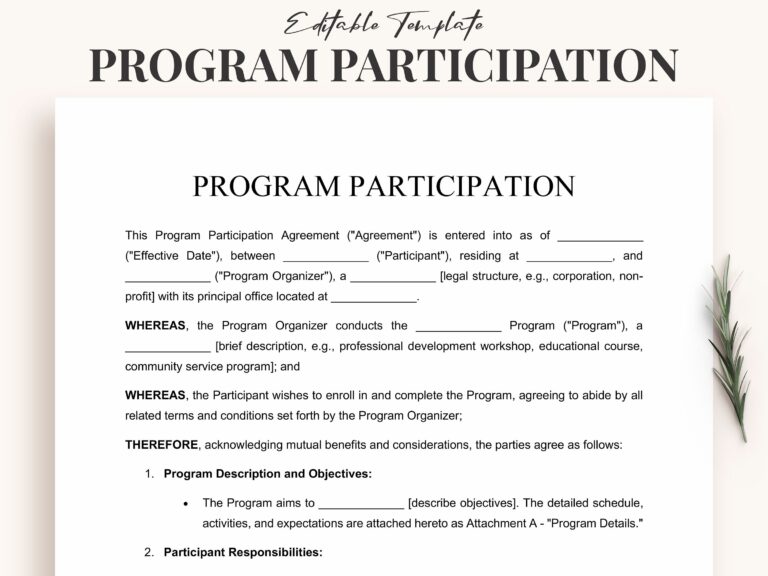 Program Participation Agreement Template Instant Download Editable Word U0026 PDF Course Enrollment Workshop Contracts Etsy