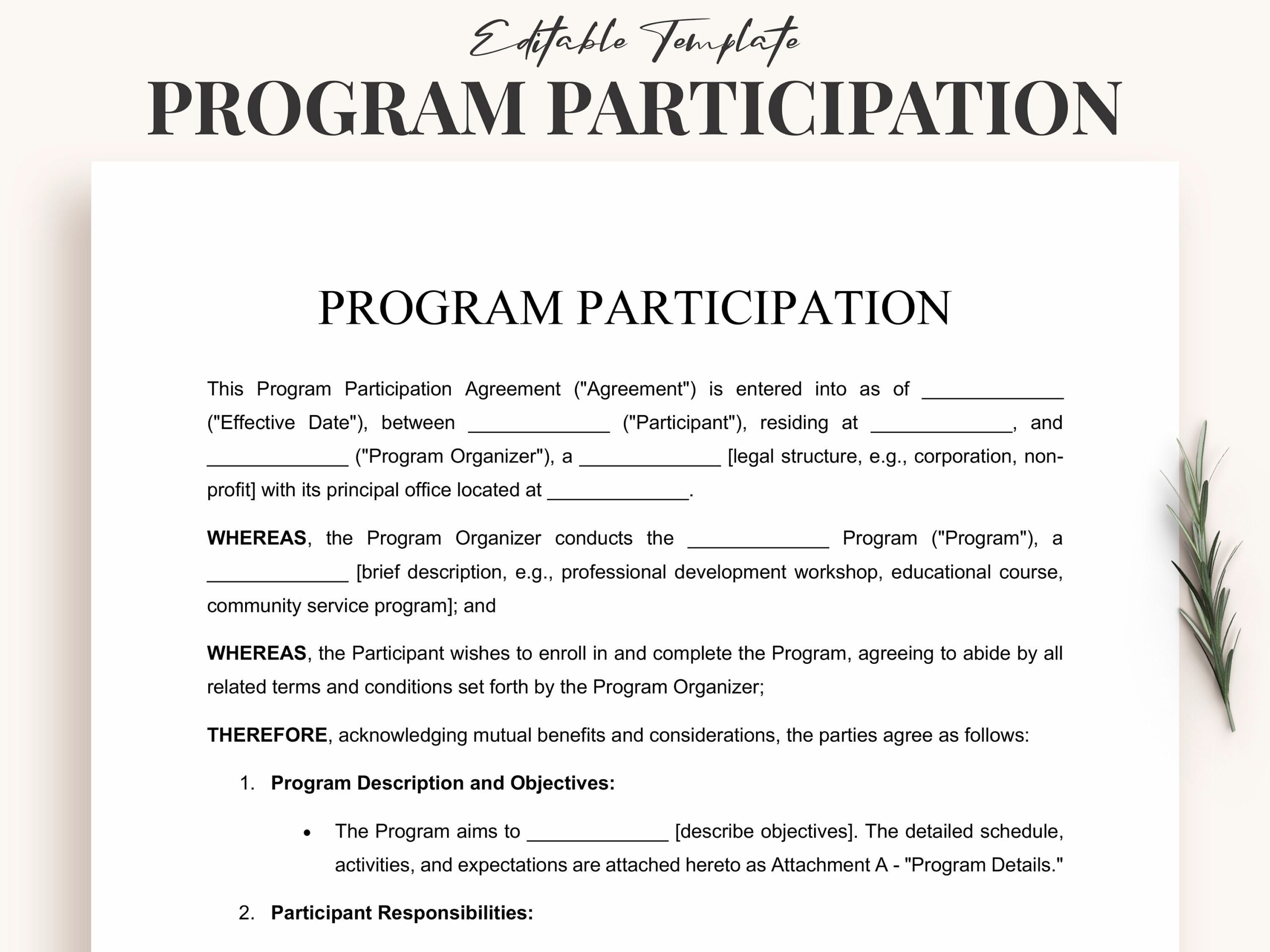 Program Participation Agreement Template Instant Download Editable Word U0026 PDF Course Enrollment Workshop Contracts Etsy