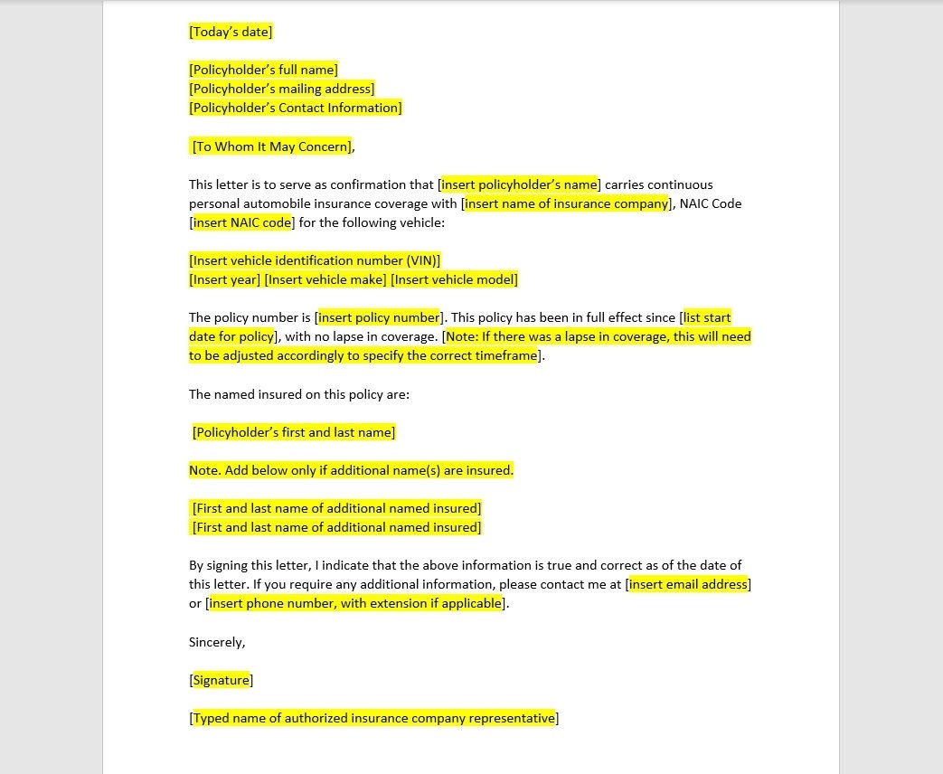 Proof Of Auto Insurance Letter Template Proof Of Auto Insurance Letter Proof Of Auto Insurance Template Word Template Simple Letter Etsy UK