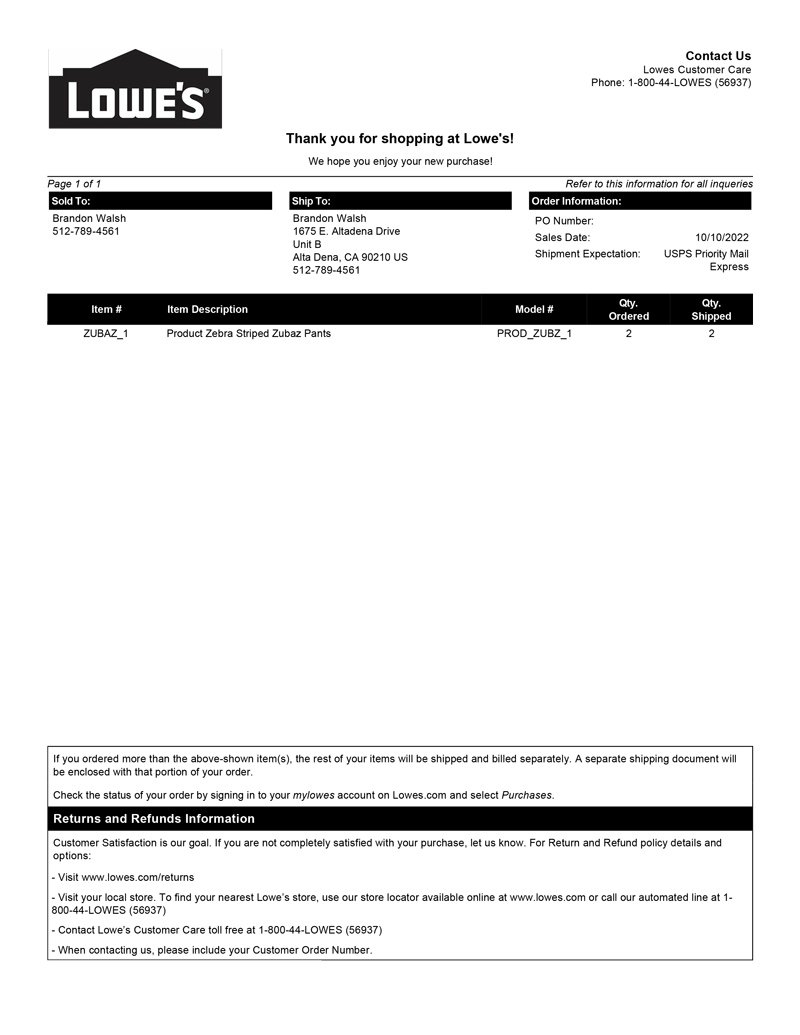 Enclosed Shipping Slip Template
