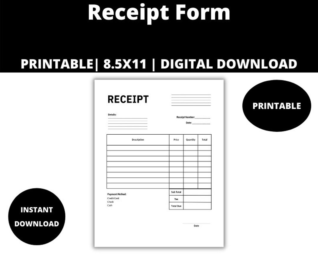Receipt Form Receipt Template Receipt Sheet Blank Receipt Form Etsy