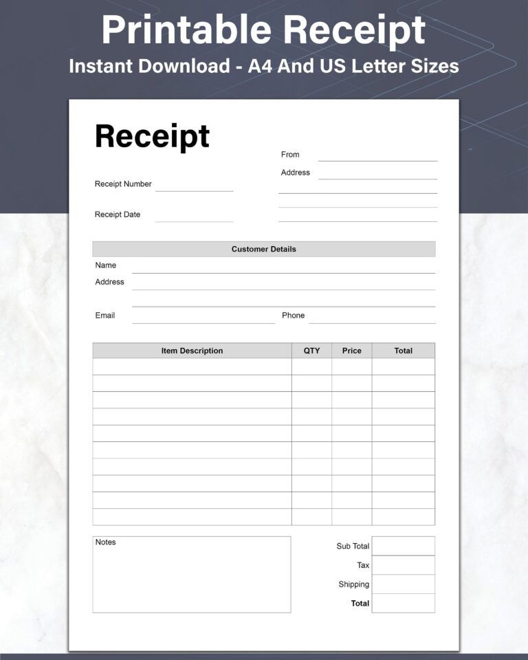 Receipt Template Printable Customer Order Receipt Small Business 