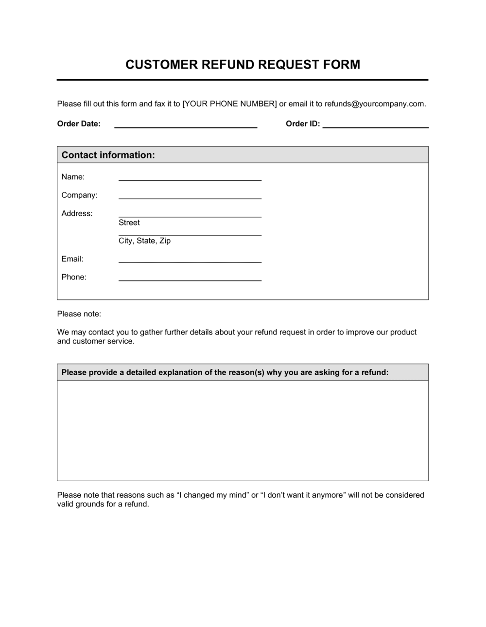 Refund Request Form Template