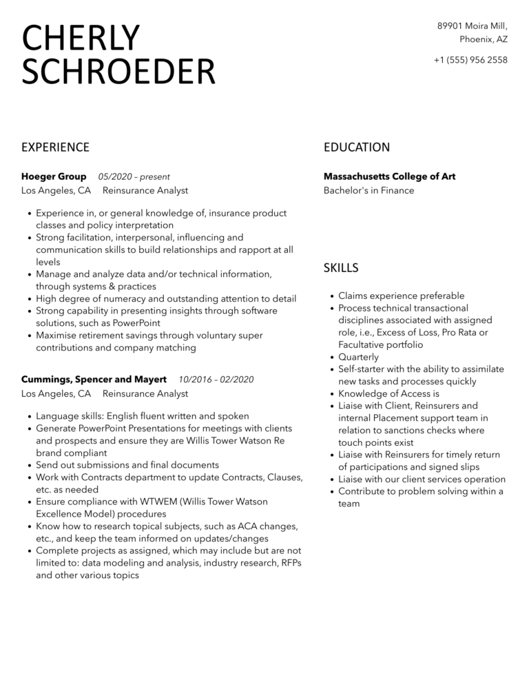 Reinsurance Analyst Resume Samples Velvet Jobs