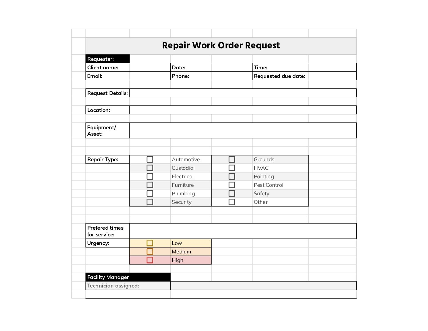 Repair Work Order Request Template PDF Excel Word 