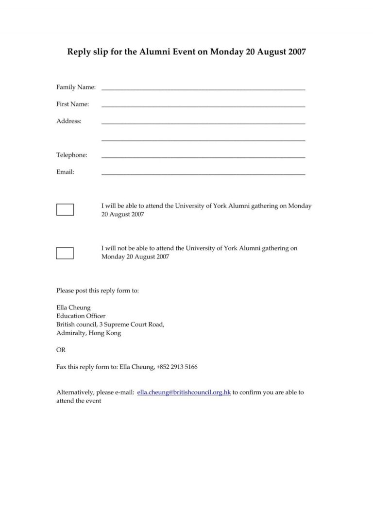 Reply Slip For The Alumni Event On Monday 20 Education UK